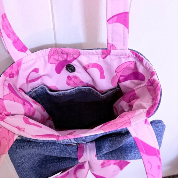 Shoulder Bag, Bow, Denim, Plaid, Purse, Handbag, Pocketbook - Picture 5 of 6